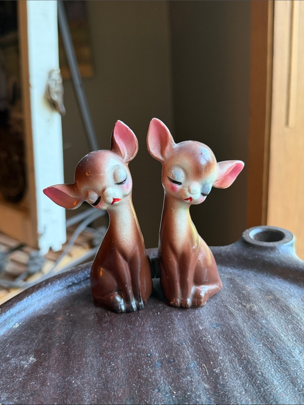 Vintage Magnetic Deer Salt and Pepper Shaker Set, Lego Japan, Circa 1950's-60's,